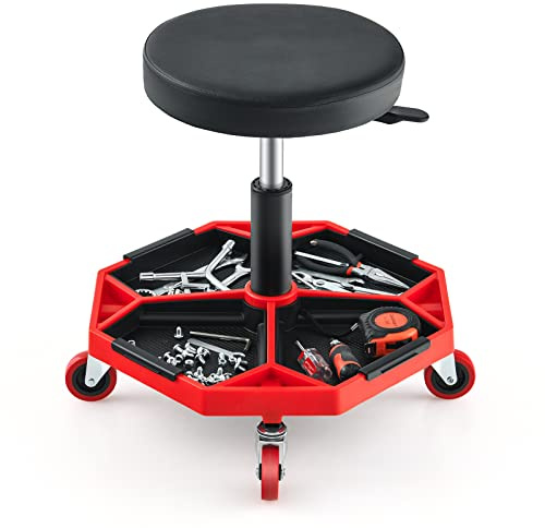 COSTWAY 150kg/330lbs Capacity Rolling Mechanic Stool, Height Adjustable Pneumatic Roller Creeper Stool with 360° Swivel Padded Seat and Tool Tray, Garage Workshop Seat Chair
