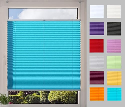 DécoProfi Plissee ohne Bohren Wasserblau/Türkis 40cm x 130cm (max. Gesamthöhe Fensterflügel) I Verspannte Plissees nach Maß mit Klemmträger/Klemmfix I Blickdichte Innenrahmen-Plissees zum Klemmen