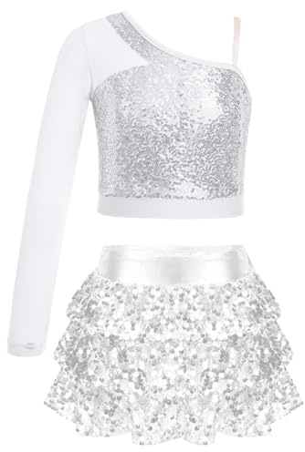 Freebily Abito da Danza Moderna Bambina Paillettes Crop Top Danza Jazz Monospalla Top Minigonna Pantaloncini con Volant Culottes Abito da Pattinaggio Costume da Ballo Latino Argento 11-12 Anni