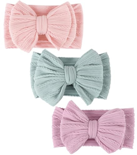 DRESHOW 3 Paket Nylonpannband för Nyfödda Babyflickor och Småbarn Hårband och Rosetter Hårtillbehör
