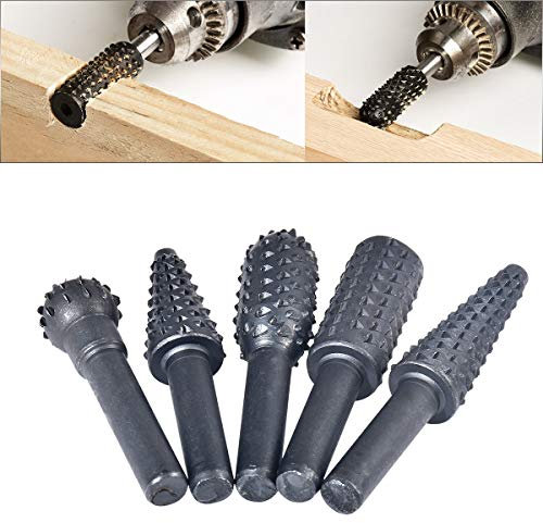 HOHXEN Ensemble de Lime Rotative à Bois de 5 Pièces - Noir, 1/4 (6,35mm) à Tige Ronde Foret Rotatif Set de Lime Rotative pour Bricolage Bois, Gravure, Perçage, Polissage, Alésage - Fraises Rotatives