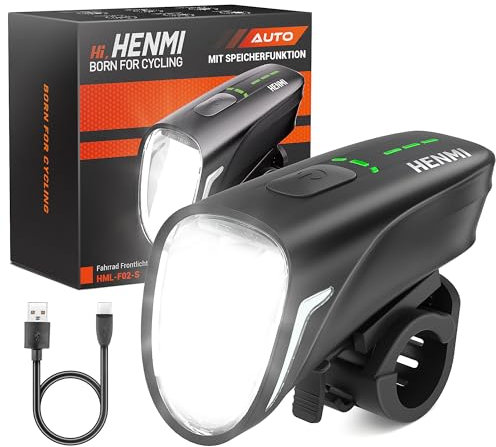 HENMI Fahrradlicht Vorne mit Speicherfunktion, StVZO Zugelassen Auto Fahrradlampe Vorne,USB Aufladbar Fahrradbeleuchtung 100 Lux mit 4 Beleuchtungsmodi,IPX5 Wasserdicht