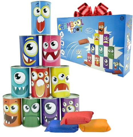 Dosenwerfen | Wurfspiel für Kinder | Spielzeug für Kirmes, Kindergeburtstage | 10 Dosen und 3 Beutel Inklusive | Fördert Koordination und Präzision | Outdoor Spiele | OriginalCorner®