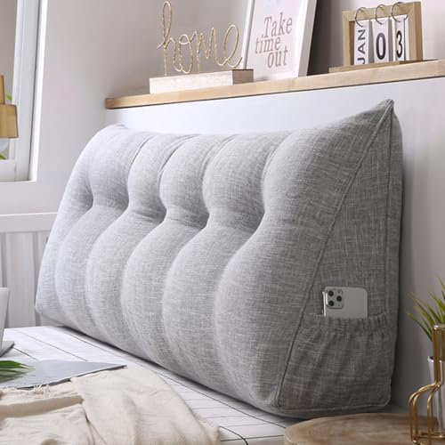 ZHULONGRUSHUI Rückenkissen,Großen Dreieckigen Kissen,Lendenkissen,Keilkissen für Bett und Sofa geeignet, Kissen mit abnehmbarem und waschbarem Bezug,mit praktischem Seitenfach (80 * 50 * 20cm,A Grau)