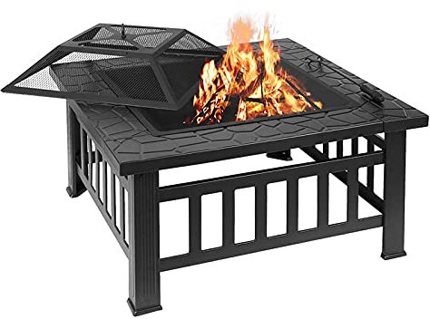 ZJFHEYUO Feuerstelle im Freien, quadratischer Feuertisch aus Metall, Grilltisch mit Holzofen, Eisgrube, Heizung, geeignet für Garten-Campingpartys