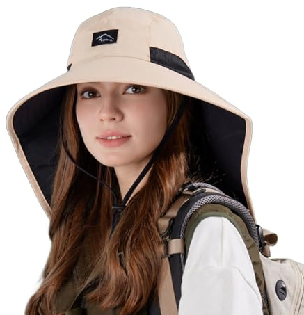 WANYI Sonnenhut Damen Herren mit Nackenschutz 360°UV-Schutz Fischerhut Sommerhut Breiter Krempe Mesh Anglerhut Wasserdicht Atmungsaktives Wanderhut Outdoor Safari Hut Schnell Trocken(Beige)