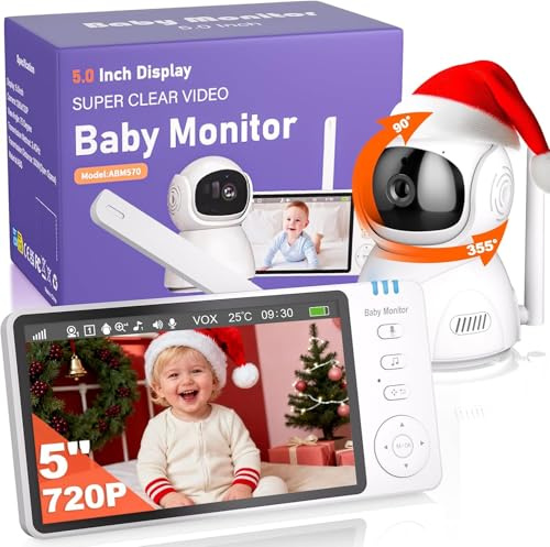 OBVHNUA Baby Monitor 5 '' Baby Monitor Video e Audio, Telecamera Bambini 720P HD 2 x 4 x Zoom Digitale, Due Vie, Audio VOX, Visione Notturna, Monitoraggio della Temperatura