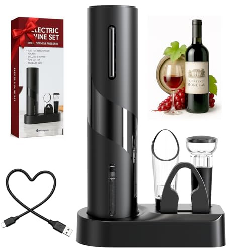Rechargeable Electric Wine Bottle Opener, 5-in-1 Automatic Wine Opener Set, Electric Wine Opener with Foil Cutter, Wine Pour, Wine Stopper and Storage Base