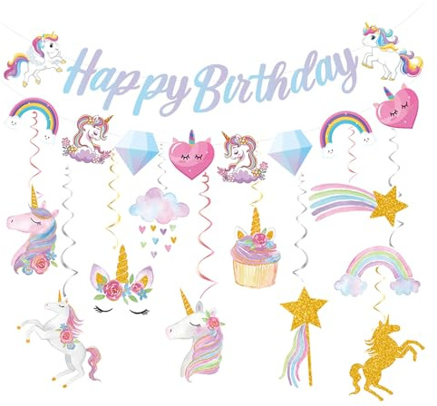 20 Stück Einhorn Deko Kindergeburtstag Set mit Wirbeln & Spiralen, Einhorn Geburtstagsdeko für Mädchen, Happy Birthday Deko, Kindergeburtstag Deko, Einhorn Deko Regenbogen & Sternen