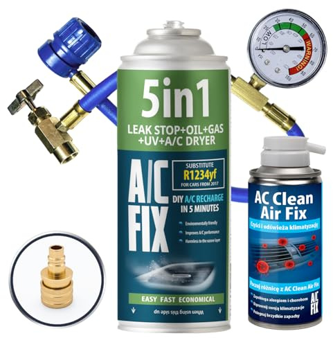 AC FIX 5-in-1 – R1234yf + Hose + Freshener + Adapter Refrigerant for Car Air Conditioning with Oil, Sealant, UV Dye, Desiccant – Quick Application – Protects the Compressor