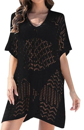 YGERGWE Beach Wear for Women UK, Crochet Beach Dress Kaftan Ladies Swimwear Cover Up Summer Holiday Pool Bikini Coverups V Neck Hollow Out Vacation Outfits Black