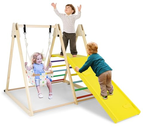COSTWAY Klettergerüst Indoor, 4 in 1 Schaukel & Ruheplattform & Kletterrampe & Leiter, Kletterset zum Klettern & Rutschen, Kinder Spielplatz Holz, für Kinder ab 1 Jahr (Bunt)