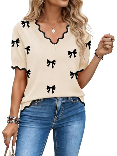 LACOZY Womens Jumpers Summer V Neck Sweaters Pullover Basic Casual Outfits | Cozy Lightweight Sweaters, Short Sleeve Tops, Ladies Summer Spring Jumpers, Ribbed Knit Sweater Tops, Business Casual Outfits