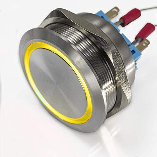 Metzler® LED-Drucktaster mit Ringbeleuchtung und erhöhter Tastfläche Gelb IP67 Edelstahl V2A 40mm AC/DC vandalismussicher für Auto Boot Modellbau Einbau tasterend 10 JAHRE ERSATZTEILVERFÜGBARKEIT