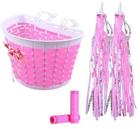 BESPORTBLE Mädchen Fahrrad Dekorationen Kind Fahrrad Zubehör Kit Fahrrad Vorderkorb Lenker Griffe Luftschlangen Quaste Band Weihnachtsgeburtstag Geschenk Rosa
