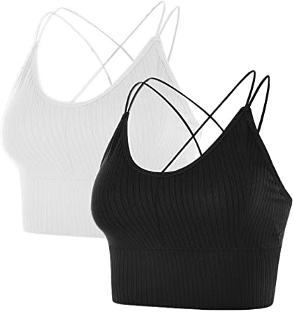 Sport BH Damen Bustier BH Ohne Bügel Sport Bra Top Spaghettiträger Cross Back Design Push up BH für Yoga Fitness (Schwarz+Weiß)