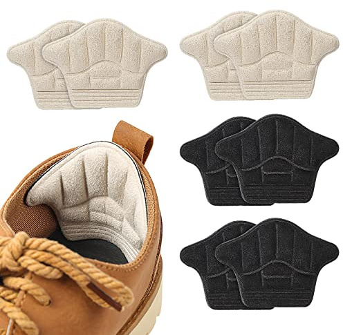 TAGVO 4 Paires Coussinets de Talon en daim doux, Autocollantes Antidérapants Protège Talons Chaussure,Coussinets de Coussin, Chaussures Trop Grandes&Sport,Empêche Frottements et Ampoules(Beige, Noir)