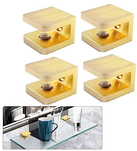 AWEN 4 Pcs Adjustable Glass Shelf Brackets, Solid Brass Glass Clamp No-Drill Glass Holder Clip Support for 8mm - 10mm Thickness Glass (Brushed Brass)