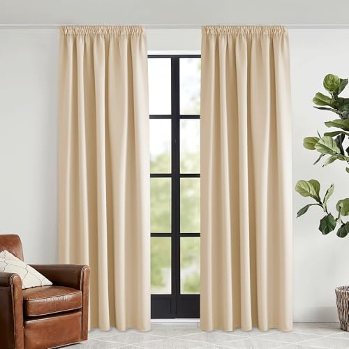 KGORGE Vardagsrumsgardiner med veckband, termogardin, värmeskydd, ogenomskinlig, set om 2 mörkläggningsgardiner för skensystem, H 240 x B 140 cm, Biscotti beige