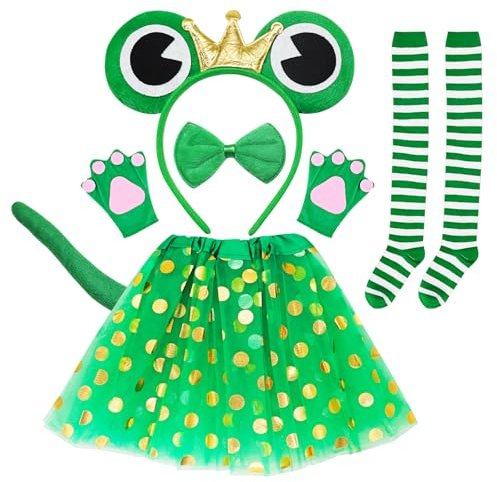 Jokureao 6PCS Frog Costume Set-Frog Ears Headband Bow Tie Frogs Tail Princess Tutu Animal Costume, Kids Frogs Cosplay with Paw Gloves Socks, Animal Clothing Set for Fancy Dress Party Prop Cosplay