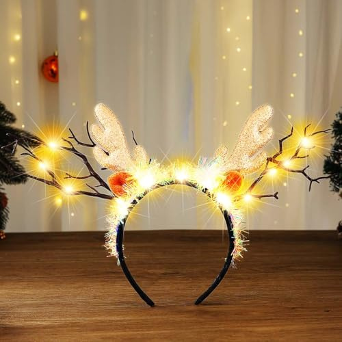 Reaky Serre-tête de Noël avec lumières pour costume de renne - Bois de renne pour femmes - Accessoires de cheveux de fête de Noël
