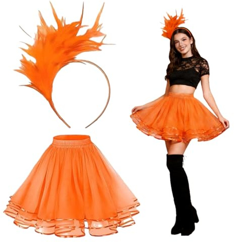 Dmnnlp Haarreif Federn und tüllrock Orange, Moden Kopfschmuck Karneval tüLlrock, Orange Kostüm Damen für Fasching, Silvester, Karneval Strand Sommer Party