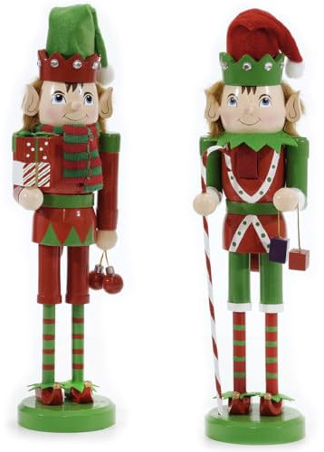 Set di 2 Elfi Soldatini Schiaccianoci Cappelli Rosso e Verde in Legno h38 da Collezione bastoncino candi rifinito con tessuto