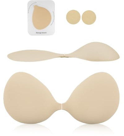 CUKIN Silicone Adhesive Bra Strapless & Backless - Invisible Push Up Stick-On Bra, Sweat-Proof Reusable Sticky Bras for Dresses, Wedding, Party | Includes Nipple Covers & Storage Board,D Cup Beige
