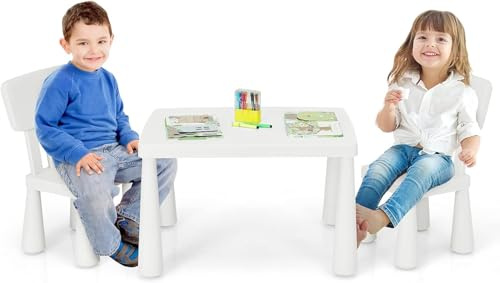 FantASK 3 delar. Barnstolsset, barnbord av plast med 2 stolar, barnmöbler 3 stycken i vitt