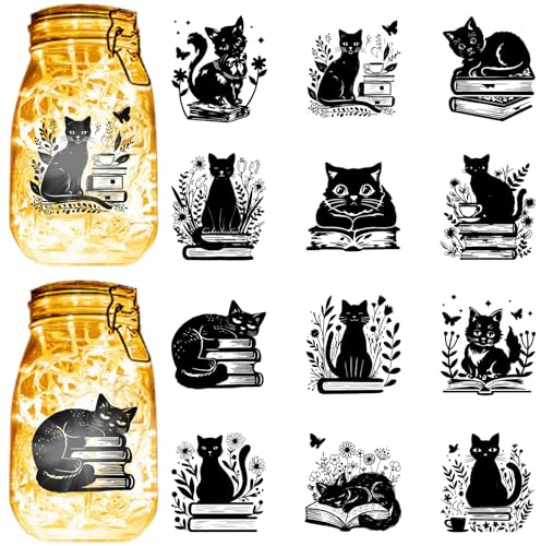 CREATCABIN 12Pcs Cat Silhouettes Mason Jar Decor Book Lantern Laser Cutouts Cat Plastic Silhouette Wall Decal Scrapbook Stickers for Frosted Glass Wall Window Cars Cardboard Decor DIY Crafts 3.5x3.9in