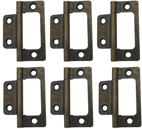 6Pcs Flush Door Hinges 2 Inch Iron Flush Cupboard Hinges for Window Cabinets Closet Drawer Boxes, Bronze