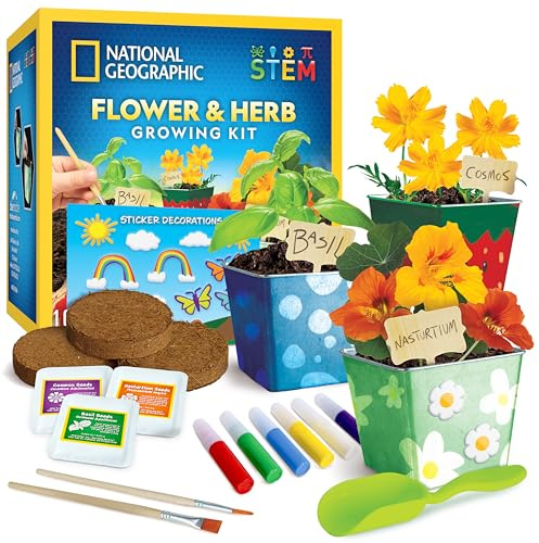 NATIONAL GEOGRAPHIC Kit de Jardinería para Niños – Macetas de Acero Inoxidable, Semillas, Pinturas y Pegatinas para Cultivar Flores y Hierbas