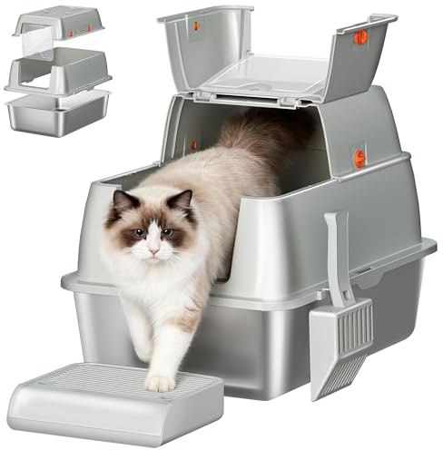 Fobyfurny Edelstahl Katzenklo mit Deckel XXL, 61 x 41 x 40 cm, Hellgrau | Geschlossene Katzentoilette, 180°Klappdeckel, Inklusive Pedal und Schaufel, Leicht zu Reinigen, Modulares Design FPLB203SG1