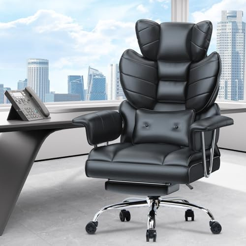 naspaluro Big and Tall Office Chair - High Back PU Leather Desk Chair Executive Ergonomic Computer Gaming Chair With Footrest and Lumbar Support Pillow for Home Office (Black, Oversized)