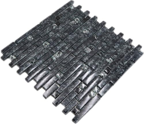 Mosaik Fliese Transluzent schwarz Verbund Glasmosaik Crystal steinschwarz für WAND BAD WC DUSCHE KÜCHE, Mattengröße: 298x304 = 0,09 qm, Steingröße: 15x15/15x48/15x98x8 mm - 1 Matte