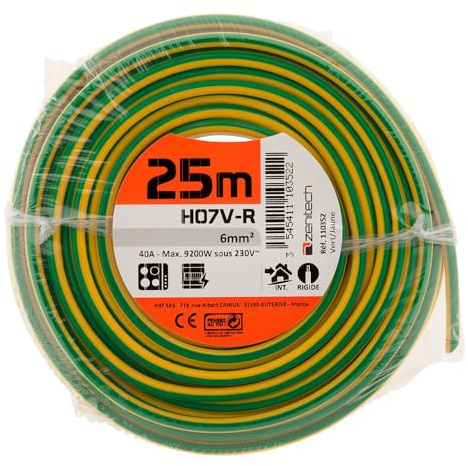 Zenitech - Fil électrique H07V-R 6mm² Jaune/Vert - 25m