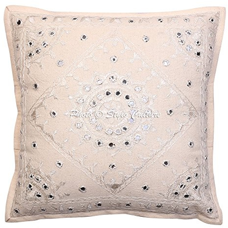 Stylo Culture Bohemio Fundas De Almohadones Decorativa 40x40 cm Algodón Espejado Forros para Cojines Cama Blanquecino 16x16 Inch Bordado Cuadrado sobre Fundas De Cojines De Sofa - 1 Pc