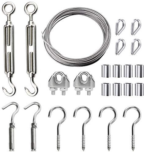 DECARETA 15M Edelstahlseil Drahtseil mit Spannschloss Stahlseil Outdoor Lights Hanging Kit Kauschen Klemmen Drahtseilklemme Edelstahl Klemme Haken Öse und Ösenschraube Set für Fotos, Kleidung