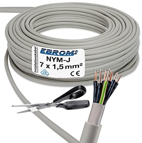 EBROM NYM-J 7x1,5 mm² - Mantelleitung - Installationskabel - Feuchtraumkabel - grau - Auswahl in 1 Meter Schritten - Meterware auf den Meter genau - Ihre Auswahl: NYM-J 7x1,5 mm2, Länge: 80 Meter