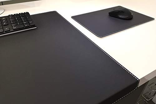 Gewinkelte Schreibtischunterlage mit Kantenschutz + Mousepad Echt Leder Schwarz mit weißen Absatz 90 x 47cm Echt Rindsleder glatt