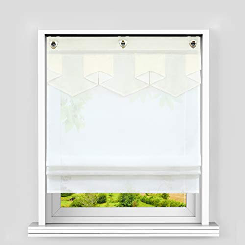 Heichkell Voile Raffrollo mit U-Haken Doppelschichtige Raffgardine Rautenförmige Blende Faltenrollo Hakenaufhängung ohne Bohren Gardinen Küche Beige BxH 60x140 cm