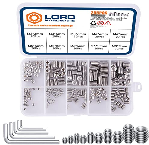 LordHardware 200Pcs Allen Head Socket Hex Set Screw Bolts Assortment Grub Screws Kit Metric M3 M4 M5 M6 M8 w/Internal Hex Drive, Stainless Steel