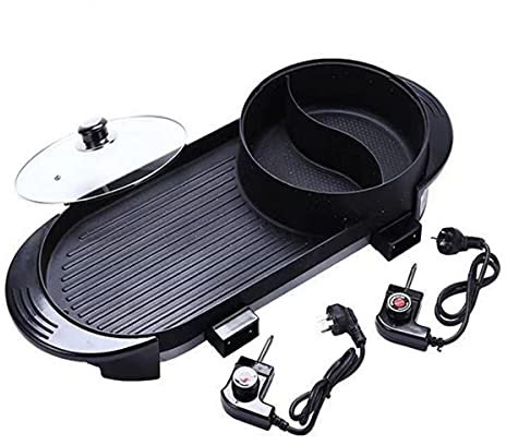 HIZQ Plancha Eléctrica, Barbacoa Y Hot Pot Para 2-8 Personas, 2000W Sartén De Barbacoa Multifuncional Para Hogar Barbacoa De Doble Propósito Olla Caliente Grill Parrilla