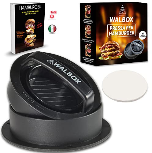 WALBOX 3in1 Pressa per Hamburger Mini, Grandi e Ripieni con Ricettario Ebook e 50 Fogli Antiaderenti