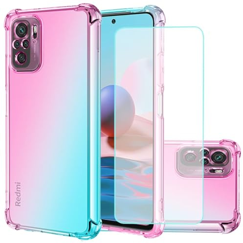Jhxtech Funda para Redmi Note 10 4G/Redmi Note 10S con [2 Paquetes] Protector de Pantalla de Vidrio Templado, Funda Transparente degradada TPU Funda para Xiaomi Redmi Note 10 4G (Rosa/Verde)