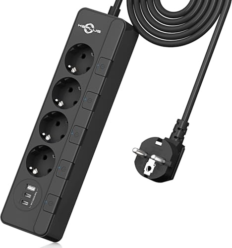 Grenuttag överspänningsskydd (4 000 W 16 A), KEPLUG grenuttag med 3 USB, grenuttag individuellt omkopplingsbar väggmontering barnsäkerhet, uttag med USB 2 m kabel svart