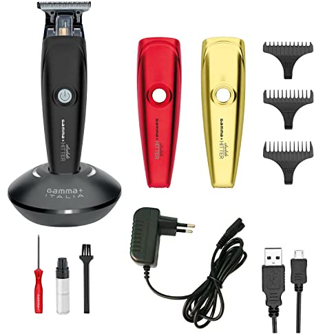 GAMMAPIU' Absolute Hitter Trimmer Doré/Noir/Rouge, Tondeuse à Cheveux Professionnelle, Couvercle Interchangeable, Lame Plate 45mm, 5 Peignes, Kit Nettoyage, Tondeuse à Barbe Électrique Rechargeable