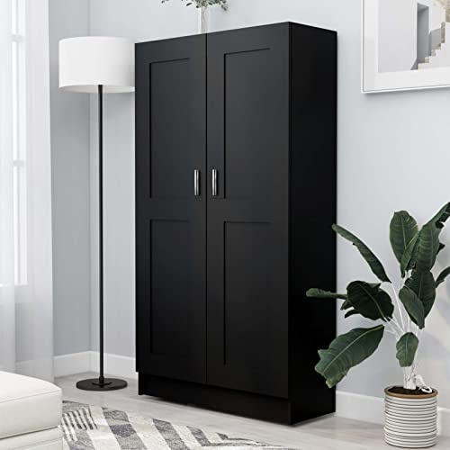 Bücherschrank, mit 4 geräumigen Fächern und 2 Türen, Bücherregal aus Holzwerkstoff in Schwarz, 82,5 x 30,5 x 150 cm, für Wohnzimmer, Arbeitszimmer oder Flur