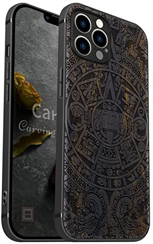 Carveit Coque en Bois pour iPhone 12 Pro Max Case Compatible MagSafe avec et Chargement sans Fil Étui de téléphone Antichoc de 12 Pro Max Etui magnétique TPU (Bois Sombre-Calendrier Maya)