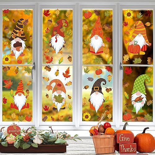 8 Blatt Erntedankfest Fensterbilder Herbst, Herbstdeko Fenster Aufkleber, Thanksgiving Fenster Selbstklebend Deko, Aufkleber Ahornblatt Gnome Deko, wiederverwendbar, für Fenster Kinderzimmer
